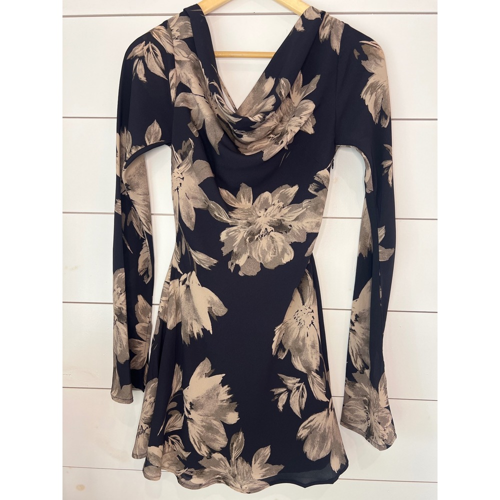 NWT Altar'd State Floral Cowl Neck Open Back Mini Dress Navy Tan Small